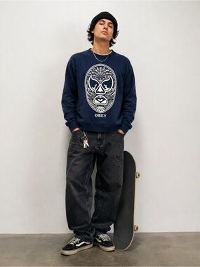 Obey Vintage Graphic Pullover Sweater | Navy Blue | Size Small